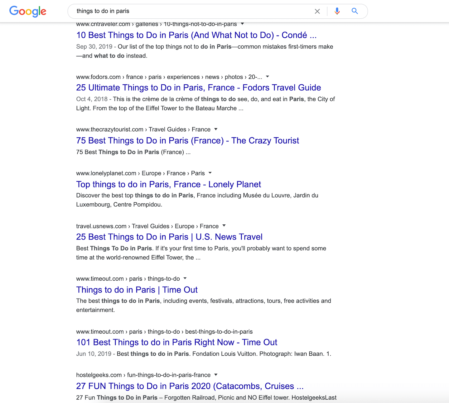 Google search showing top results for "things to do in Paris"
