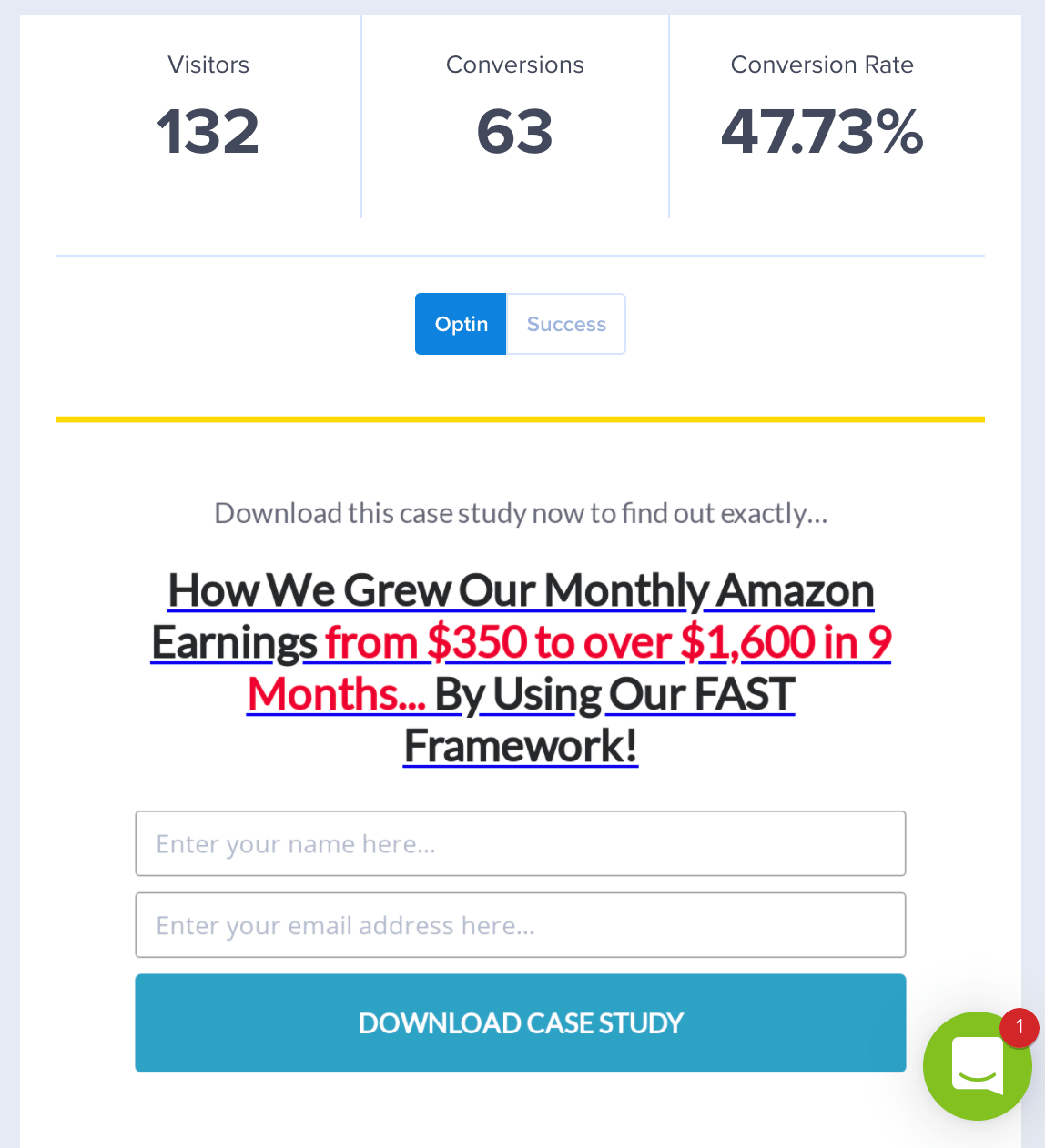 screenshot of conversion metrics for a popup on optinmonster