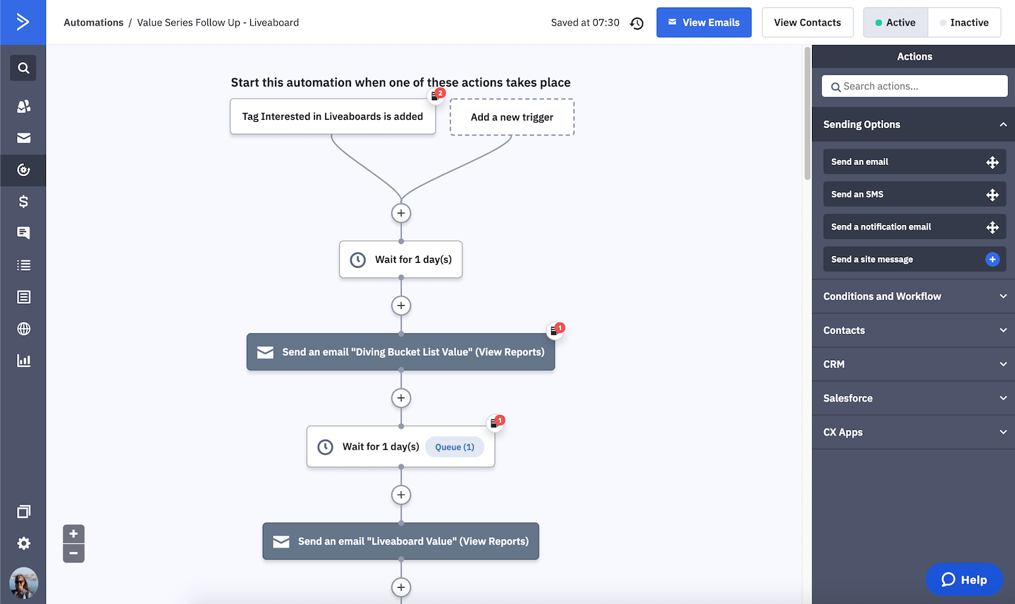 liveaboard value series example to show automations on activecampaign